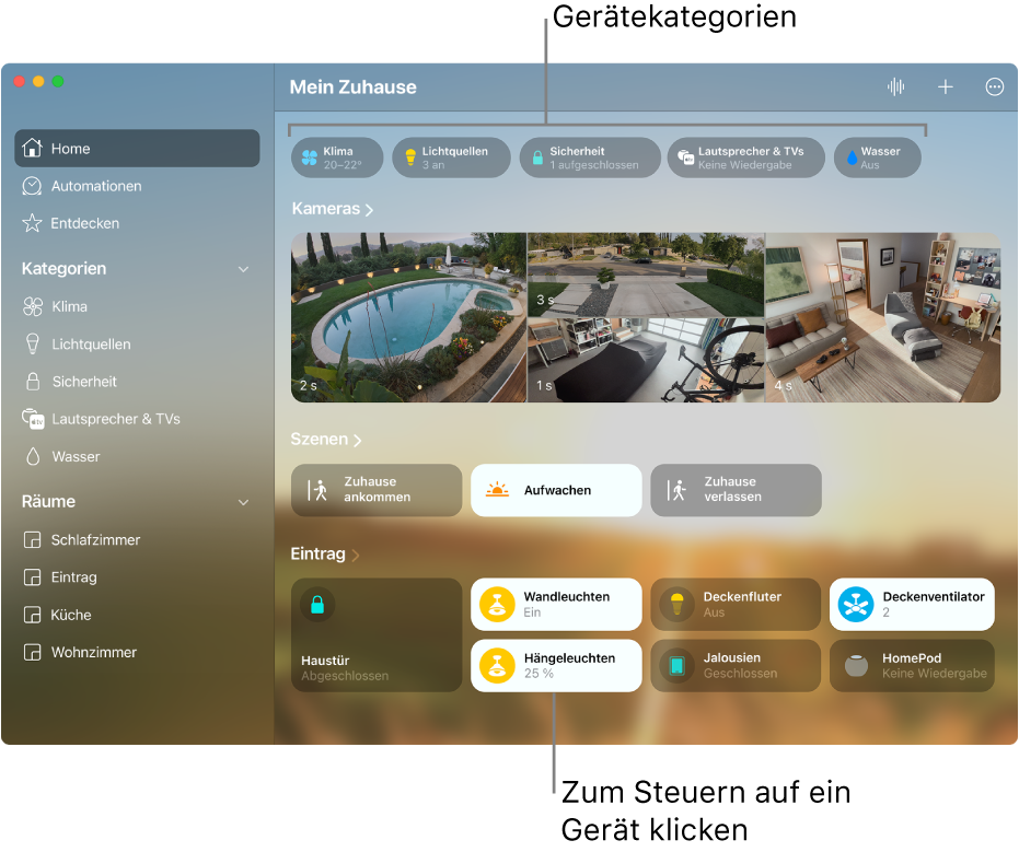 Der Home-Bildschirm mit oben aufgeführten Gerätekategorien gefolgt von Kamerafeeds, Szenenkacheln und Gerätekacheln im Raum „Eingang“.