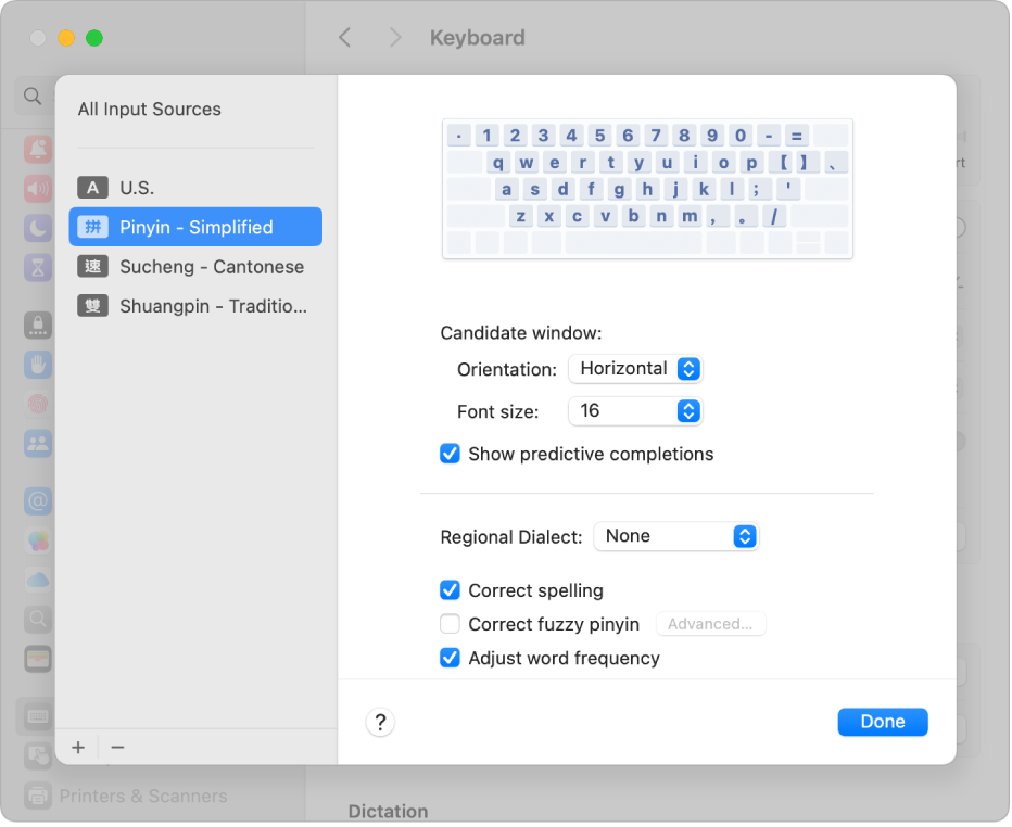 Input Sources settings, where you can add or remove input sources for different languages and choose other options. U.S., Pinyin - Simplified, Sucheng - Cantonese, and Shuangpin - Traditional are shown in the list on the left.