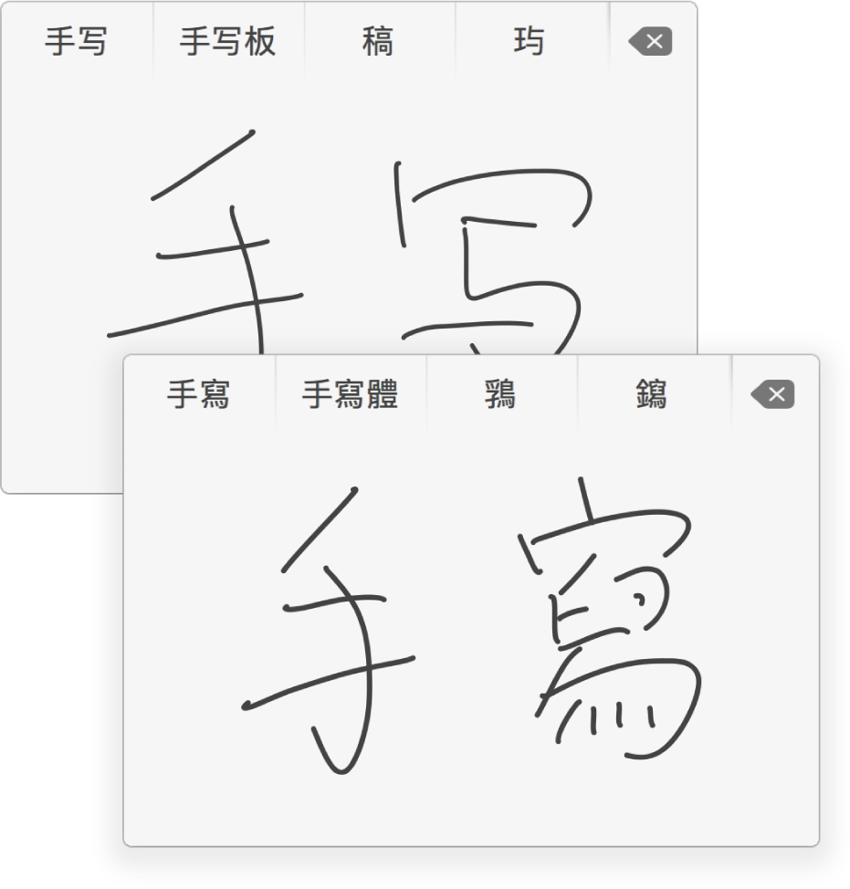 「手寫輸入」視窗在手寫的簡體中文（上方）和繁體中文（下方）中文字元上方顯示可能與「手寫」相符的字元。