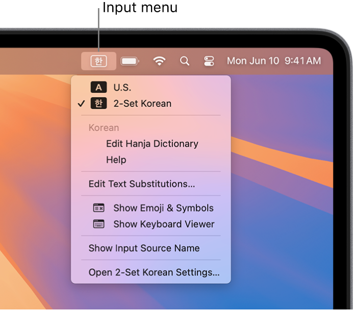 The Input menu showing 2-Set Korean selected in the list of input sources. At the bottom of the menu is the Open 2-Set Korean Settings option.