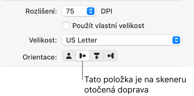 Tlačítka Orientace v okně Skener. Zvýrazněné tlačítko ukazuje, že položka je na skeneru otočená doprava.