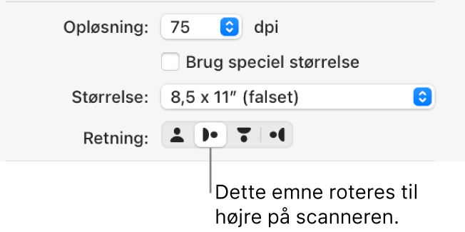 Retningsknapperne i scannervinduet. En fremhævet knap viser, at et emne er roteret til højre på scanneren.