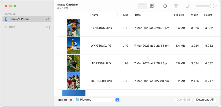 The Image Capture window showing pictures to be imported from an iPhone.