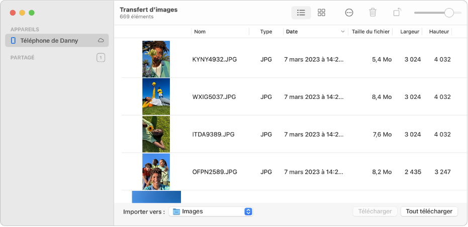 La fenêtre Transfert d’images affichant des images à importer depuis un iPhone.