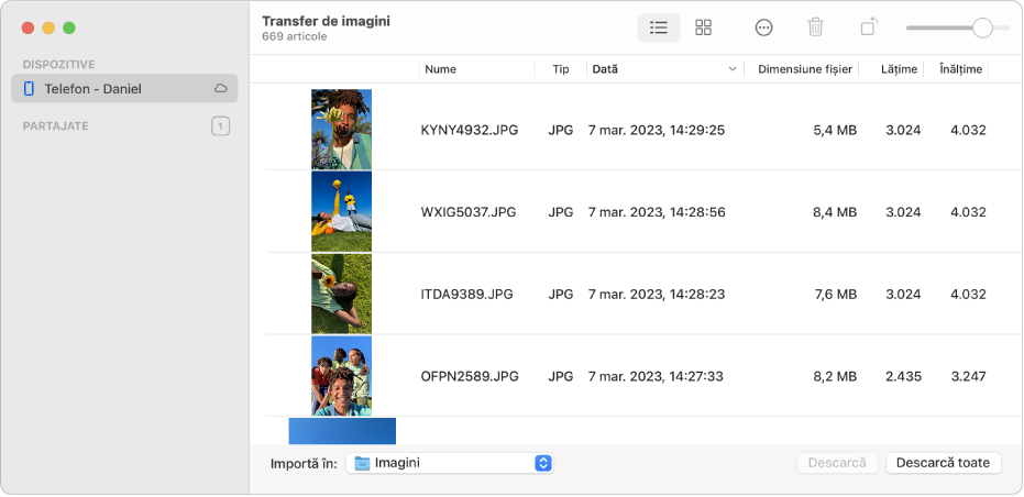 Fereastra Transfer de imagini afișând imaginile de importat de pe un iPhone.