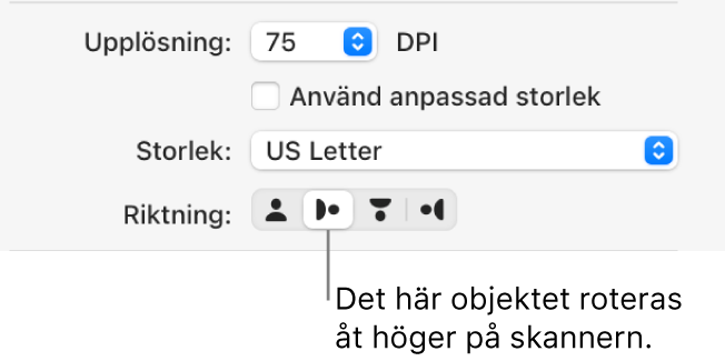 Riktningsknapparna i ett skannerfönster. En markerad knapp anger att ett objekt har roterats åt höger på skannern.