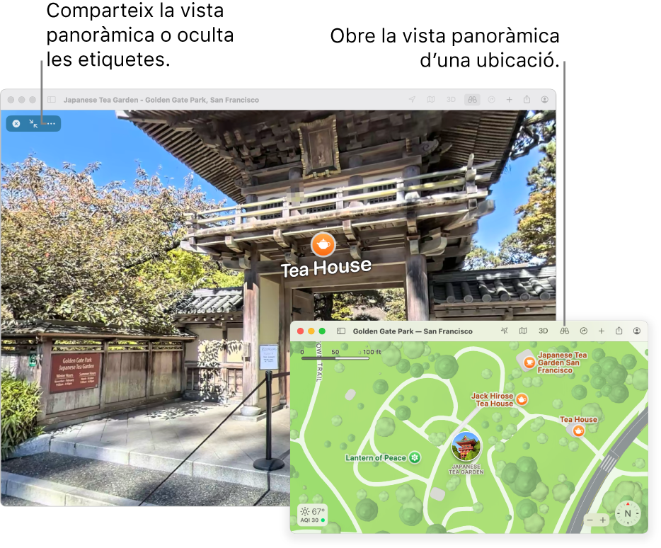 Vista interactiva de 360 graus d’una atracció local de San Francisco amb un mapa en 3D a l’angle inferior dret.