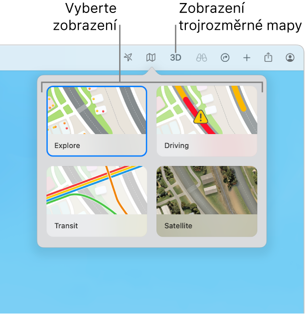 Po kliknutí na tlačítko Mapa na panelu nástrojů jsou k dispozici čtyři zobrazení mapy: Ojevování, Autem, Doprava a Satelitní