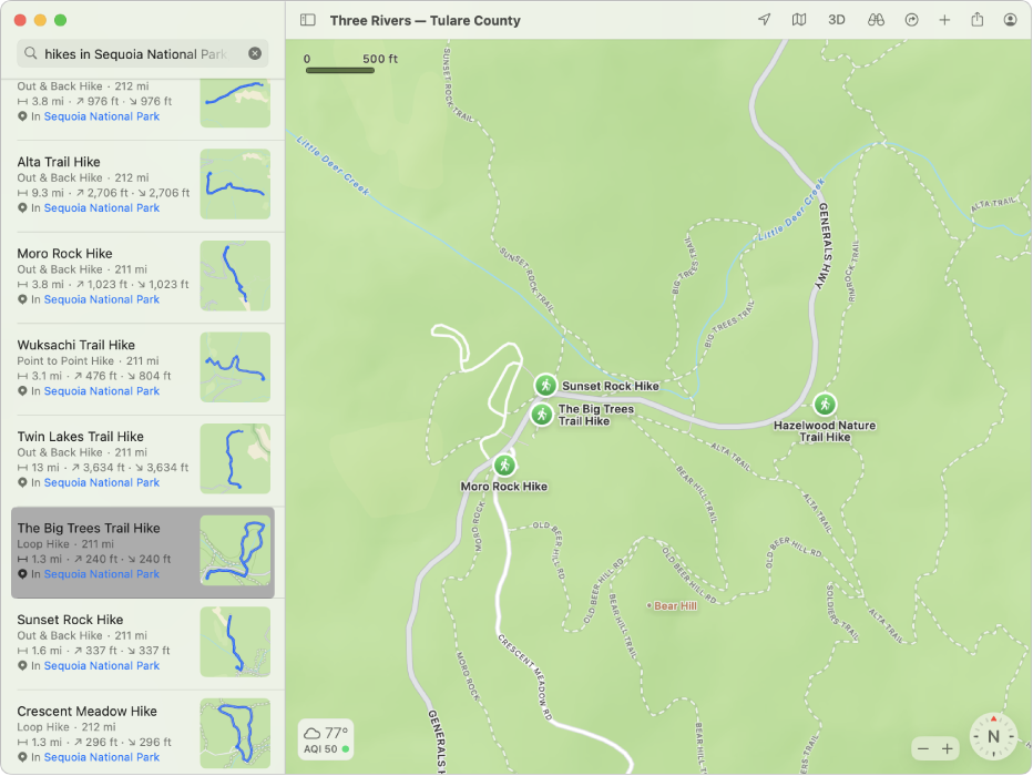 A map of a national park, showing search results for hiking trails in a list at the left and labelled on the map itself.