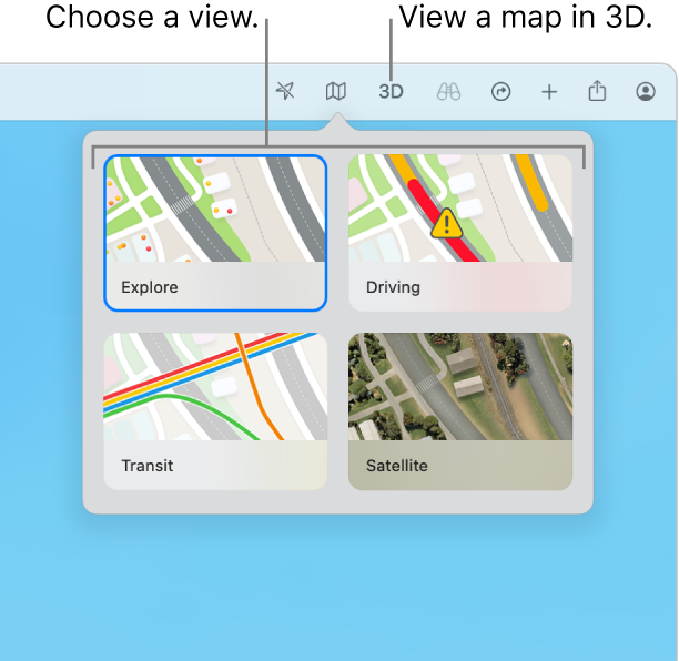 The Map button has been clicked in the toolbar and four map views are available: Explore, Driving, Public Transport and Satellite.