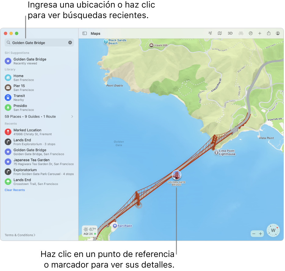 Ingresa la ubicación en el campo de búsqueda o haz clic en ella para ver las búsquedas recientes. Haz clic en un punto de referencia o marcador para ver información.