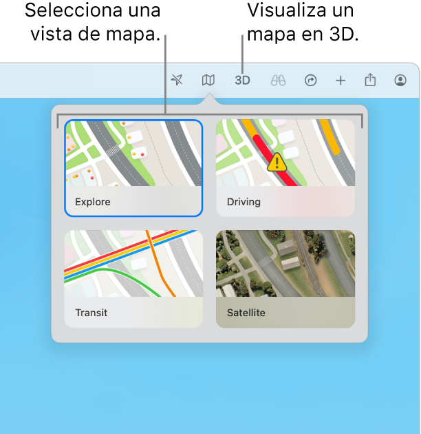 Se ha hecho clic en el botón Mapa en la barra de herramientas y hay cuatro visualizaciones de mapa disponibles: Explorar, “En coche”, “Transporte público” y Satélite.