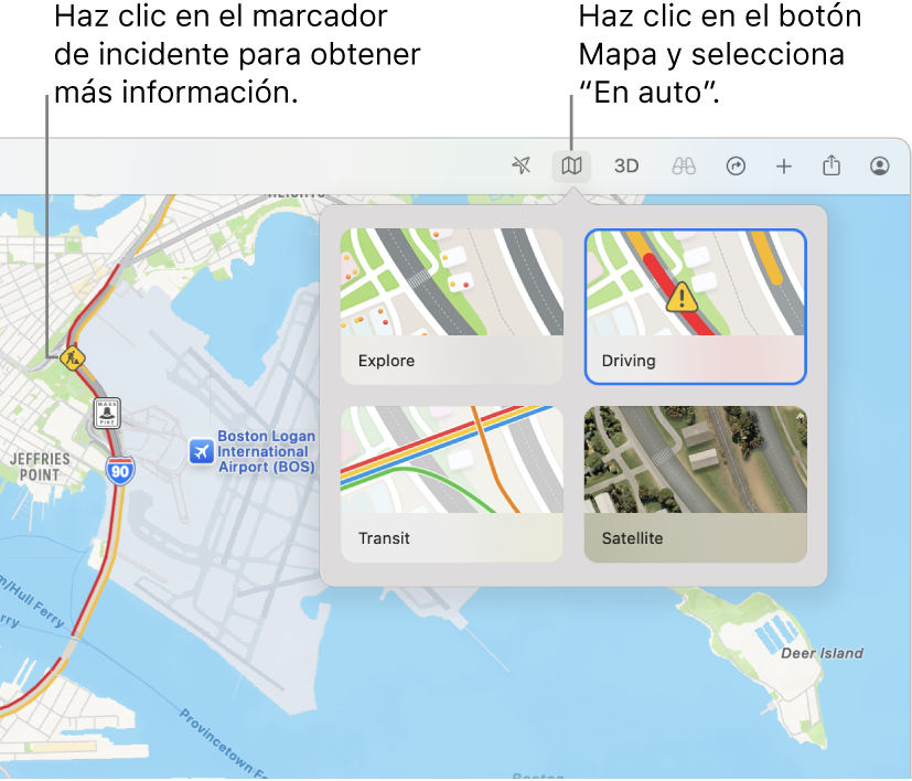 Un mapa de San Francisco donde se muestran opciones de mapa, la opción “En coche” seleccionada e incidencias de tráfico en el mapa.