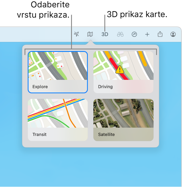 Tipka Karta klikana je u alatnoj traci i dostupna su četiri prikaza karti: Istražite, Vožnja, Javni prijevoz i Satelitski.