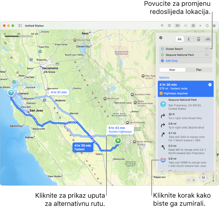 Karta područja San Francisca s uputama za automobilsku rutu između dviju lokacija. Alternativne rute također su prikazane na karti.