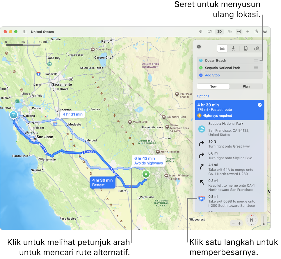 Peta area San Francisco dengan petunjuk arah untuk ruter berkendara di antara dua lokasi. Rute alternatif juga ditampilkan di peta.