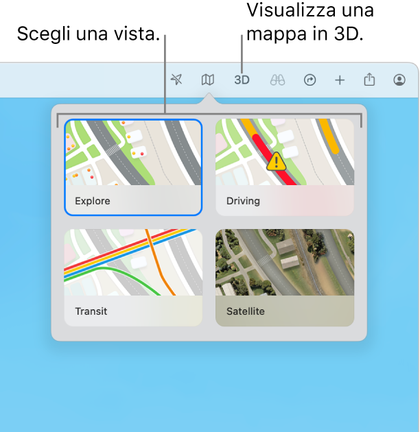 Hai fatto clic sul pulsante Mappa nella barra strumenti e sono disponibili quattro viste della mappa: Esplora, In auto, Mezzi pubblici, Satellite.