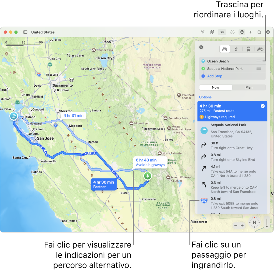 Una mappa dell’area di San Francisco con indicazioni per un percorso di guida tra due località. Sulla mappa sono indicati anche i percorsi alternativi.