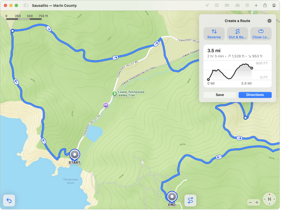 カスタマイズされたハイキングの経路の地図。ハイキングコースを戻るボタン、完了するボタン、距離と時間の全長、高度の上昇と下降が表示されています。