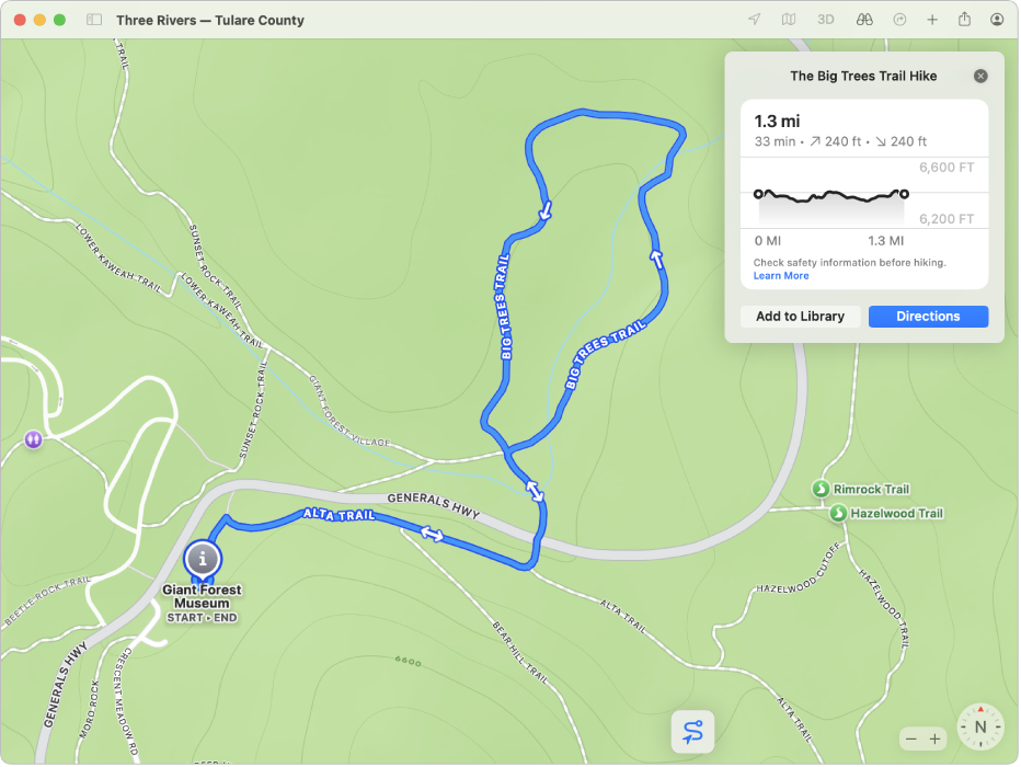 Een kaart van een wandeltocht, met de lengte (in afstand en tijd) en hoogtestijging en -daling.