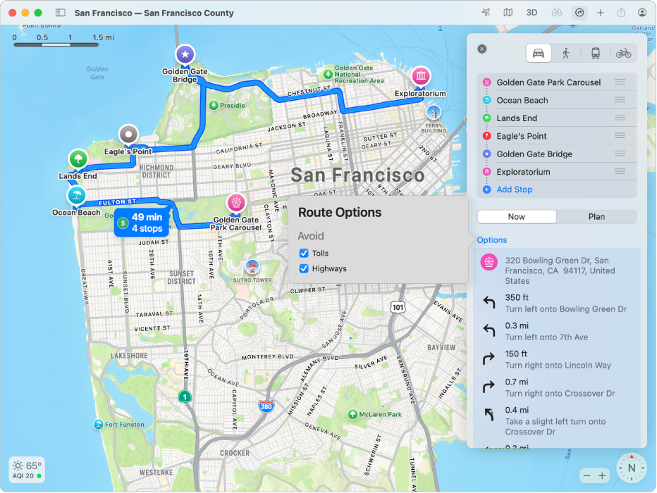 Een kaart van San Francisco met een route met meerdere stops.