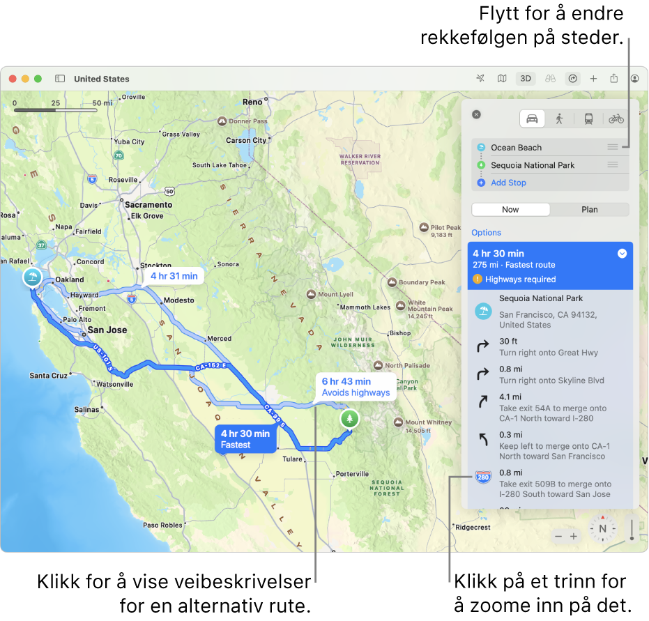 Et kart over San Francisco med veibeskrivelser for en kjørerute mellom to steder. Alternative ruter vises også på kartet.