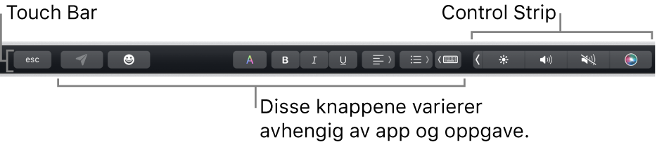 Touch Bar langs toppen av tastaturet, som viser minimert Control Strip til høyre og knapper som varierer avhengig av app eller oppgave.