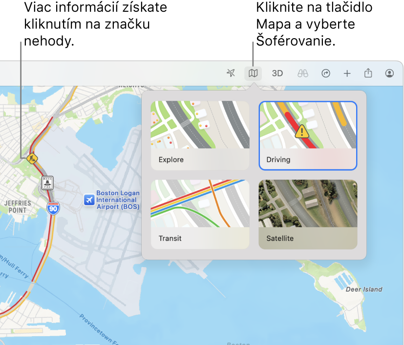 Mapa San Francisca so zobrazenými možnosťami mapy, s označenou mapou Autom a s problémami v premávke označenými na mape.