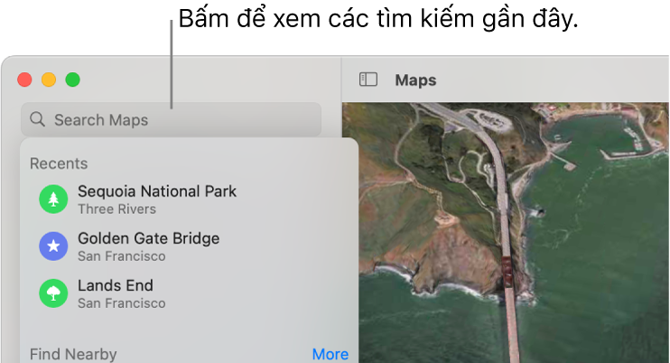 Trường tìm kiếm ở phía trên bên trái, với một vài tìm kiếm gần đây được hiển thị bên dưới.