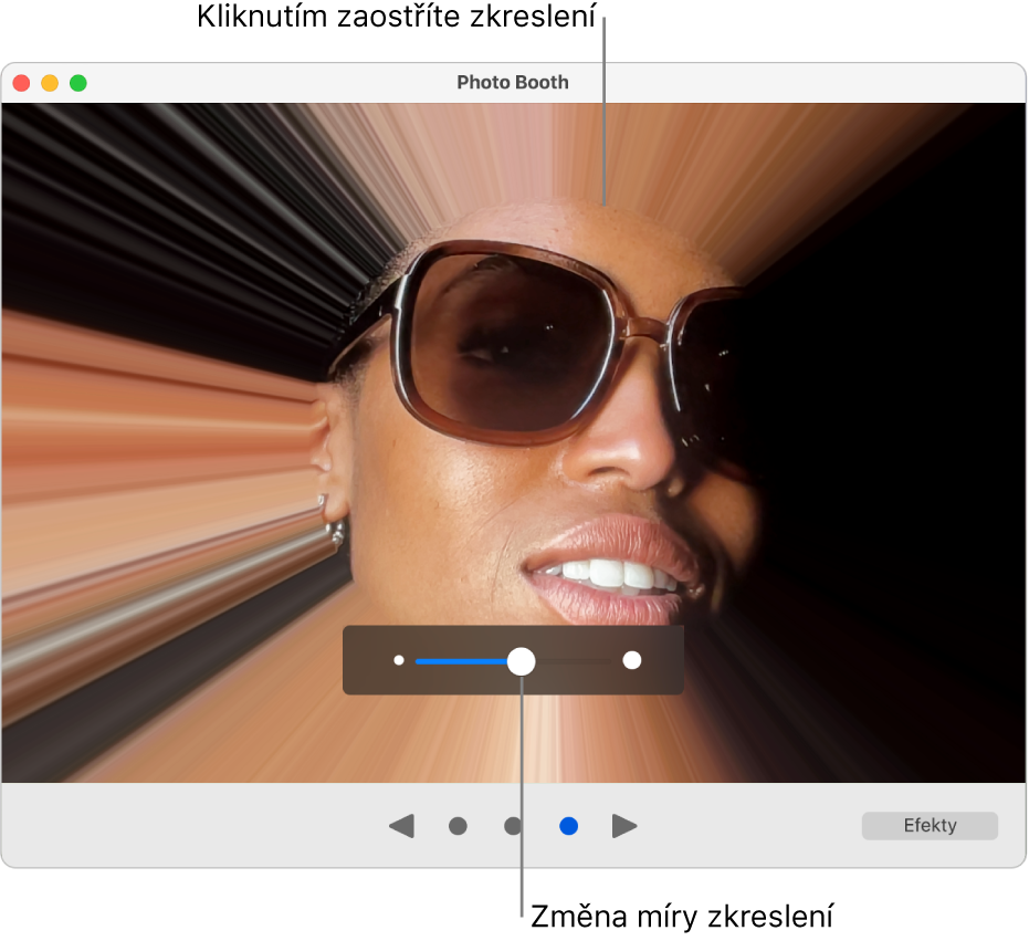 Okno Photo Booth zobrazující náhled zkreslujících efektů a jezdec pro úpravu zkreslujícího efektu