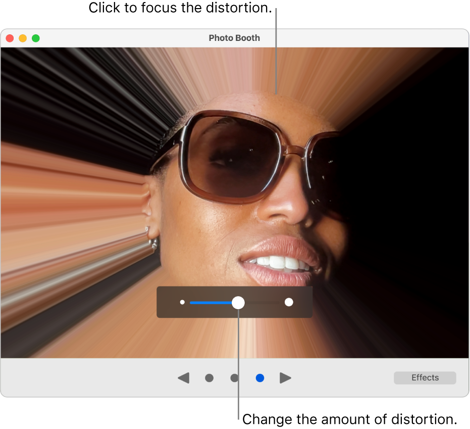 The Photo Booth window showing a preview of the distortion effect and the slider to adjust the distortion effect.