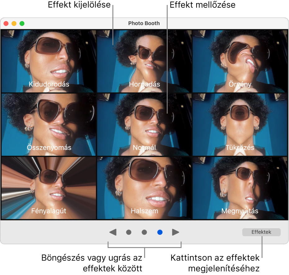 A Photo Booth ablakában az effektusokat – többek között a Tükrözés, Összenyomás stb. – tartalmazó oldal látható. A böngészés gombok az ablak alsó részének közepén láthatók, míg az Effektek gomb a jobb alsó sarokban.