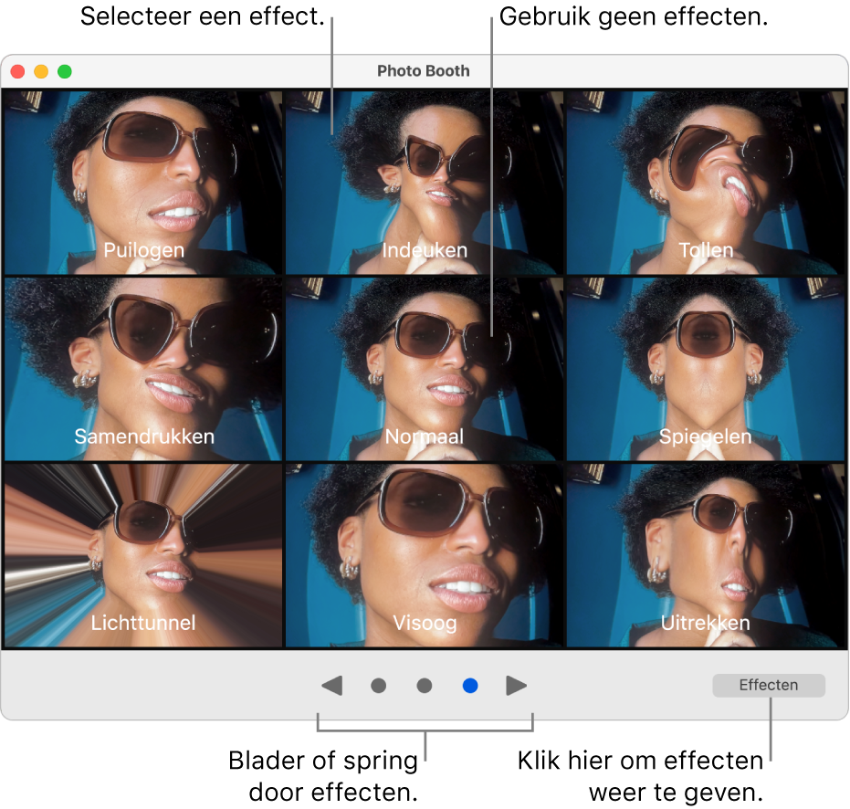 Een Photo Booth-venster met een pagina met effecten zoals 'Spiegelen' en 'Samendrukken'. Onder het scherm bevinden zich de knoppen om mee te bladeren en de knop 'Effecten' bevindt zich rechtsonder.