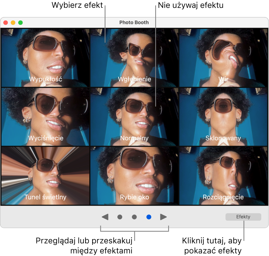 Okno aplikacji Photo Booth wyświetlające stronę z efektami, takimi jak Sklonowany, Wyciśnięcie i inne. Przycisk Przeglądaj jest na dole, na środku, oraz przycisk Efekty w prawym dolnym rogu okna.