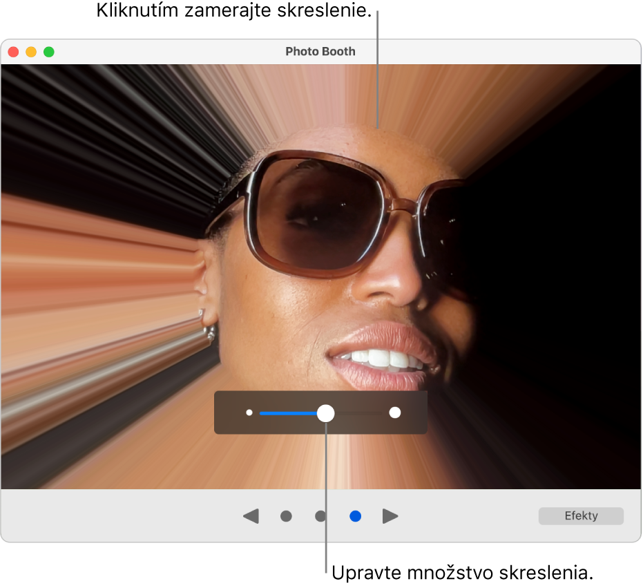 Okno apky Photo Booth zobrazujúce náhľad efektu skreslenia a posuvník na úpravu efektu skreslenia.