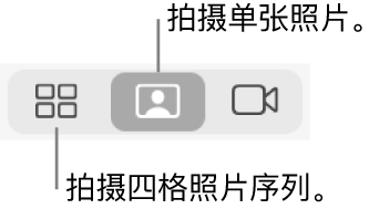 “四格照片”按钮（可拍摄四格一序列的照片）和“照片”按钮（拍摄单张照片）。