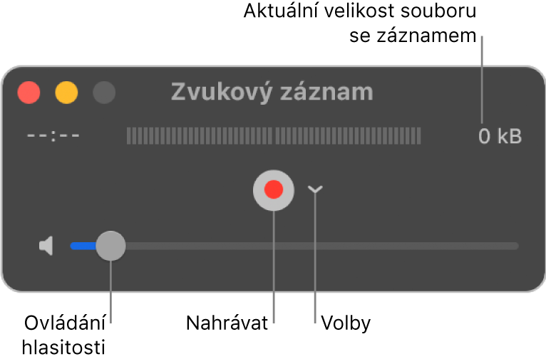 Okno Zvukový záznam, v němž je uprostřed vidět tlačítko Záznam, místní nabídka Volby a ovládání hlasitosti a dole ovládání hlasitosti