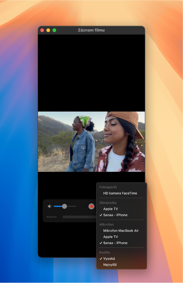Okno QuickTime Playeru na Macu během záznamu pomocí iPhonu