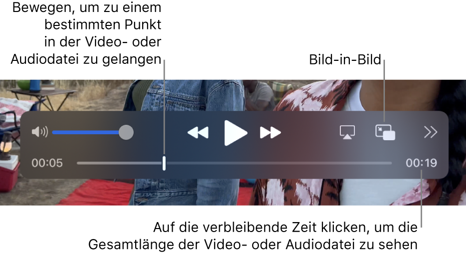 Die QuickTime-Wiedergabesteuerungen Oben befinden sich der Lautstärkeregler, die Rückspultaste, die Taste „Wiedergabe/Pause“, die Taste für den schnellen Vorlauf, die Taste zum Auswählen eines Displays, die Taste „Bild-in-Bild“ und die Taste zum Teilen und für das Wiedergabetempo. Unten befindet sich die Abspielposition, die du bewegen kannst, um zu einem bestimmten Punkt in der Datei zu gelangen Die verbleibende Wiedergabedauer der Datei wird unten rechts angezeigt