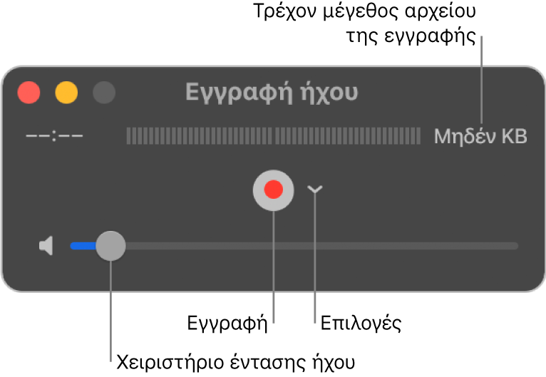 Το παράθυρο Εγγραφής ήχου, με το κουμπί Εγγραφής και το αναδυόμενο μενού Επιλογών στο κέντρο του παραθύρου, και το χειριστήριο έντασης ήχου στο κάτω μέρος.