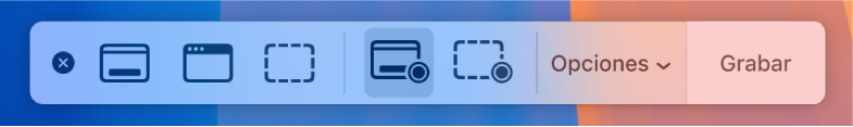 Herramientas de “Captura de pantalla” con el botón Grabar a la derecha y el menú desplegable Opciones al lado.