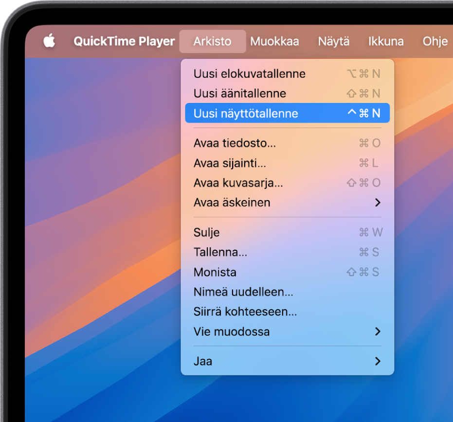 QuickTime Player -apissa, Arkisto-valikko on auki ja Uusi näyttötallenne -komentoa valitaan uuden näytön nauhoituksen aloittamiseksi.