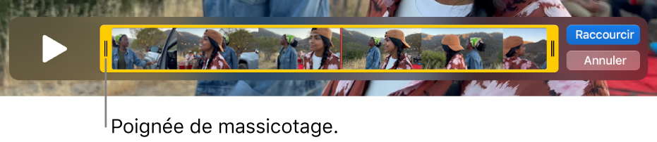 Un plan dans la fenêtre QuickTime Player, montrant une partie du plan entre les poignées jaunes, et le reste en dehors. Le bouton Raccourcir et le bouton Annuler sont à droite.