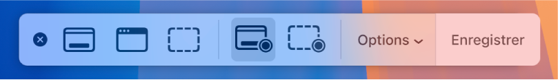 Les outils de capture d’écran avec le bouton Enregistrer à droite et le menu contextuel Options à côté.