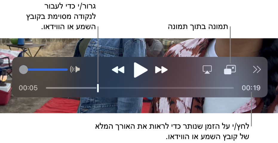 פקדי ההפעלה של QuickTime Player. בחלק העליון נמצאים בקרת עוצמת הקול; כפתור ההרצה לאחור, כפתור ההפעלה/השהיה, כפתור ההרצה המהירה קדימה; כפתור בחירת צג, כפתור תמונה בתוך תמונה, כפתור השיתוף וכפתור מהירות ההפעלה. בתחתית נמצא סמן המיקום, וניתן לגרור אותו כדי לעבור לנקודה כלשהי בקובץ. הזמן שנותר בקובץ מופיע למטה מימין.