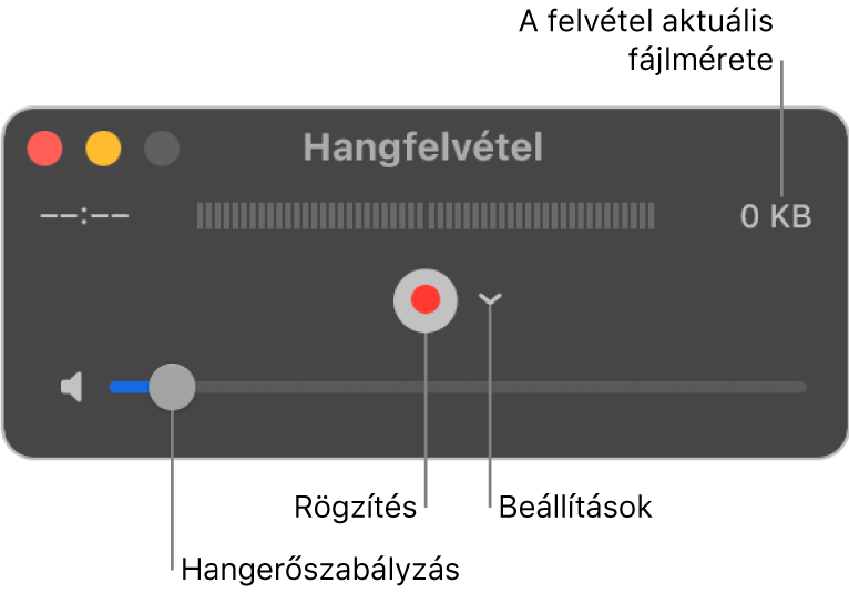 A Hangfelvétel ablak; középen a Felvétel gomb és a Beállítások felugró menü, alul pedig a hangerőszabályzó.