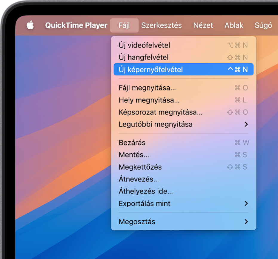 A QuickTime Player appban a képernyőfelvétel a Fájl menü megnyitásával, és az Új képernyőfelvétel parancs kiválasztásával indítható.