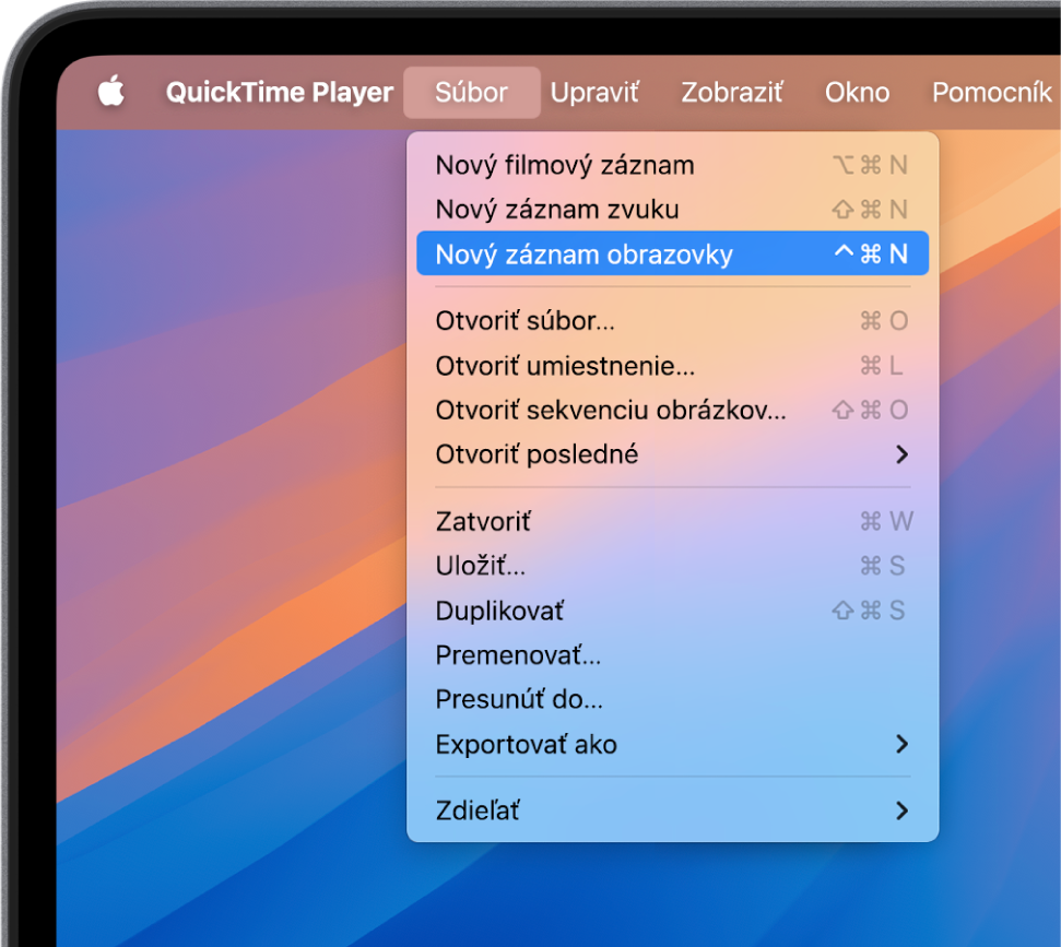 V apke QuickTime Player je otvorené menu Súbor s vybratým príkazom Nový záznam obrazovky, ktorý spustí nahrávanie obrazovky.