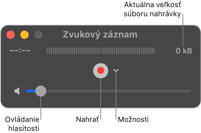 Okno Zvukový záznam s tlačidlom Nahrávať a vyskakovacím menu Možnosti v strede okna a ovládaním hlasitosti v spodnej časti.