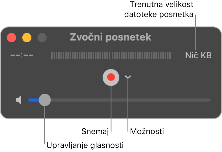 Okno Zvočni posnetek z gumbom Posnemi in pojavni meni Možnosti na sredini okna ter krmilna funkcija za glasnost na dnu.